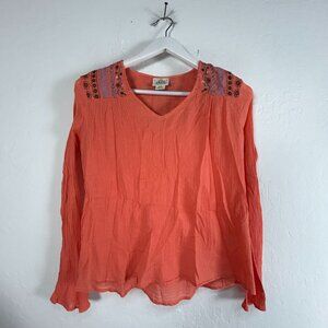 Ariat Womens Floral Embroidered V-Neck Top Medium Coral Long Sleeve Boho Casual